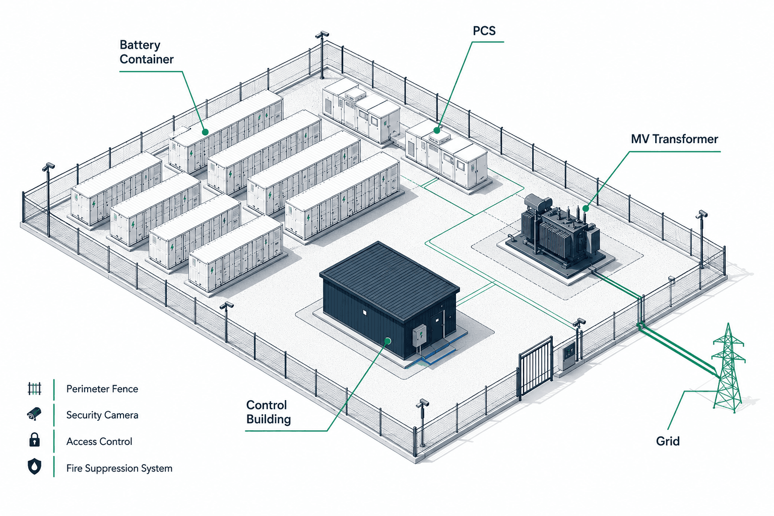 Schemă tehnică a unui sistem BESS (Battery Energy Storage System) cu module baterii, sistem de conversie a puterii, management energetic și infrastructură de siguranță