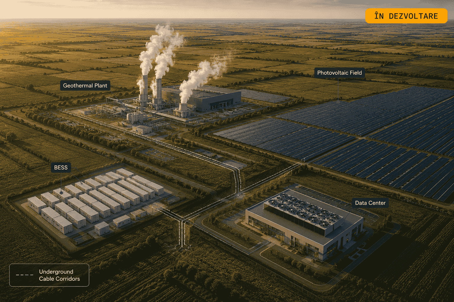 Complex integrat — geotermal, fotovoltaic, BESS și data center