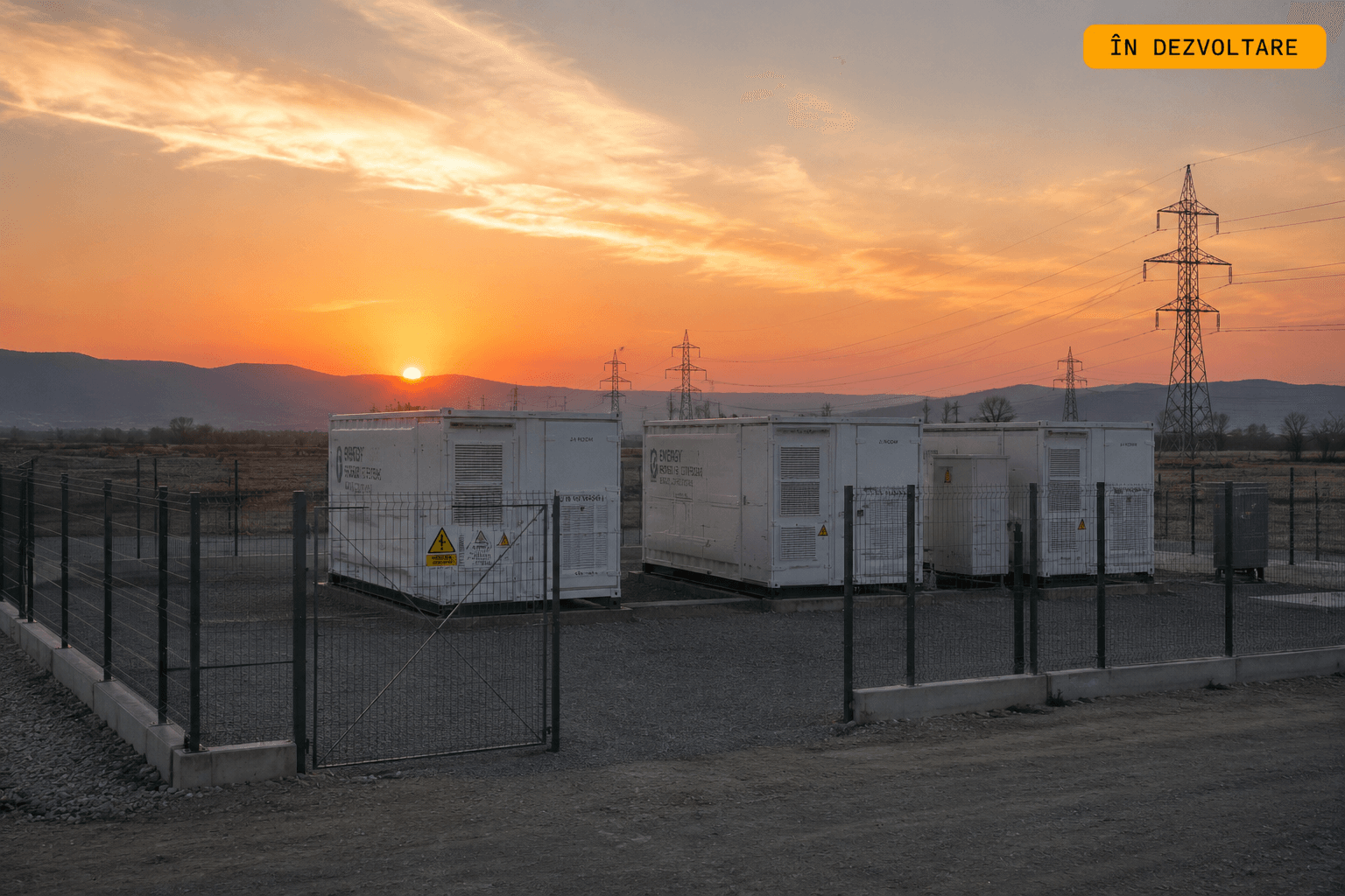 Sistem BESS lângă linii de transport energie la apus
