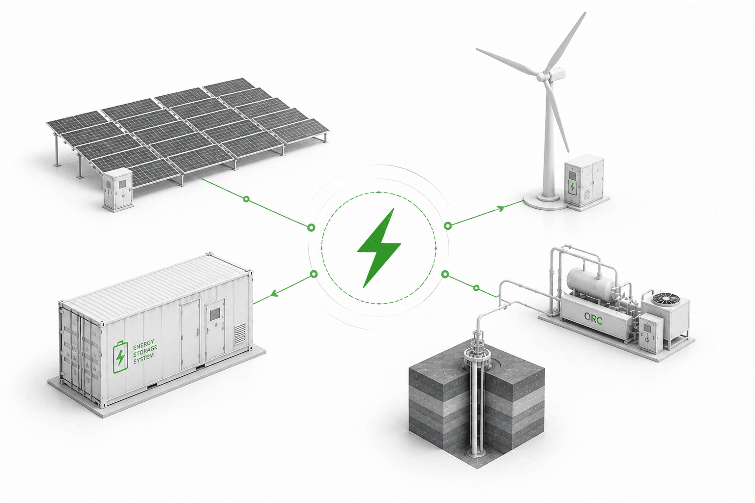 Diagramă schematică a lanțului integrat de energie regenerabilă: fotovoltaic, eolian, stocare BESS, hidrogen și interconectare la rețea