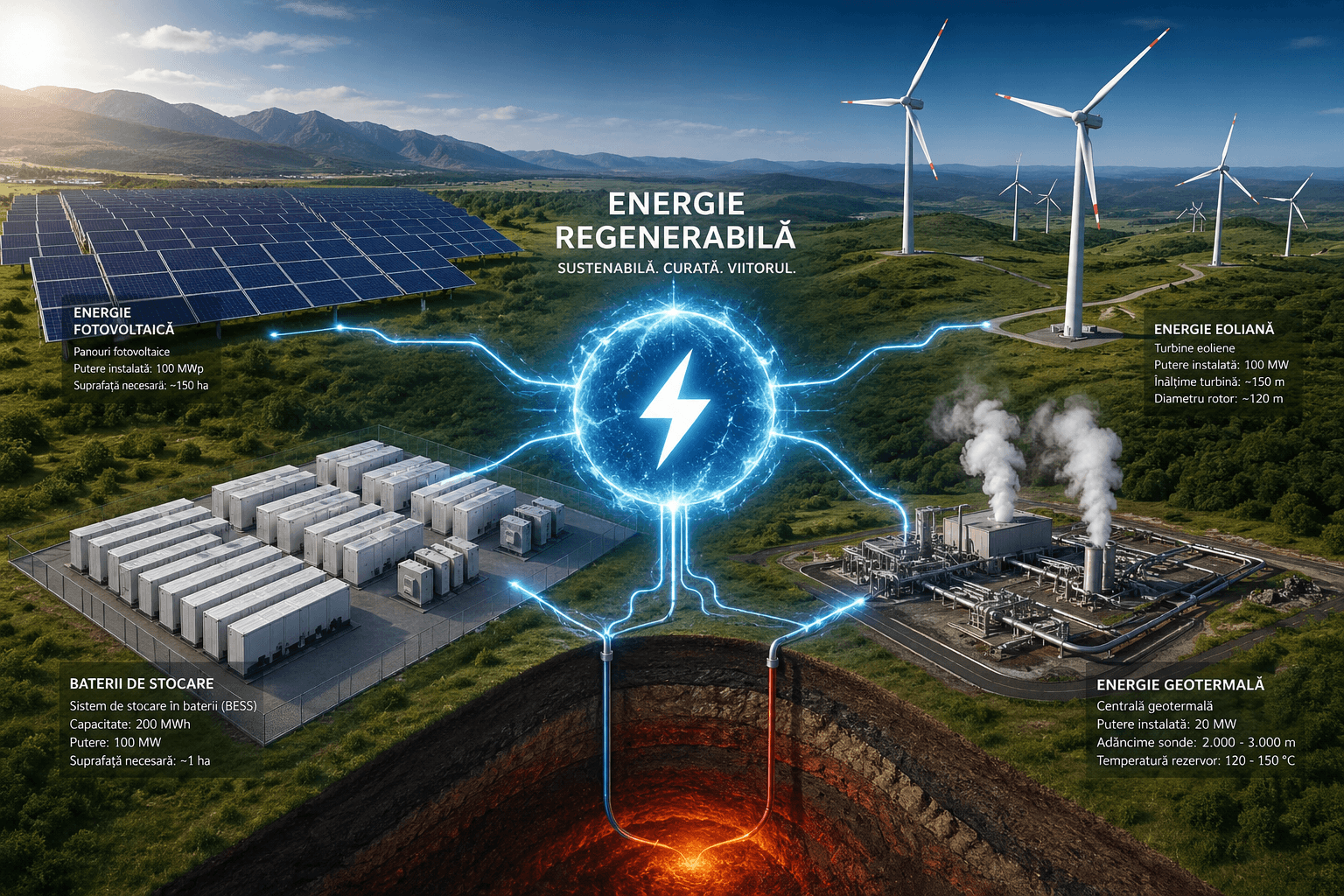 Infografic detaliat cu cele patru tehnologii regenerabile: fotovoltaic, eolian, stocare BESS și geotermal — cu specificații tehnice