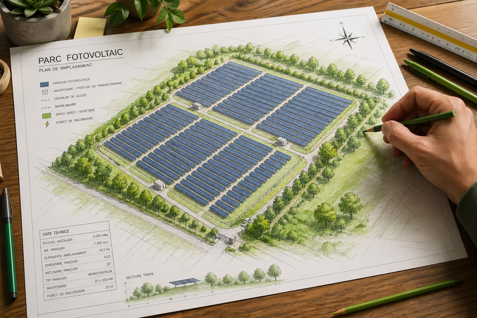 Plan tehnic desenat manual pentru un parc fotovoltaic, cu legendă și date tehnice