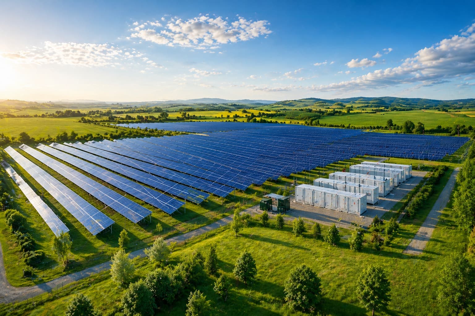Sistem fotovoltaic industrial pe acoperișul unei hale, cu sistem de stocare BESS